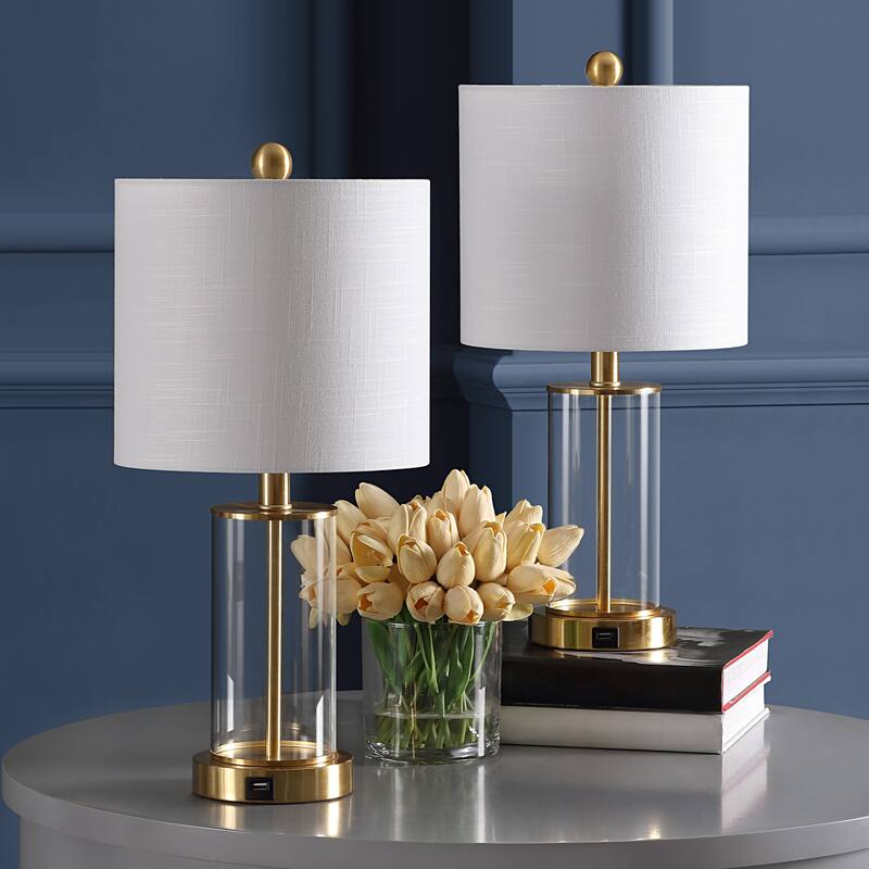 Cabell 21" Glass Modern Contemporary USB Charging LED Table Lamp, Oil Rubbed Bronze (Set of 2) by JONATHAN Y
