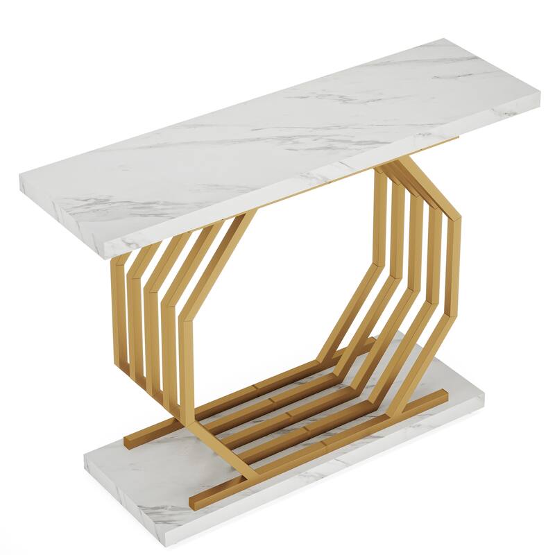 40"Gold Console Table, Faux Marble Entryway Narrow Sofa Table with Geometric Metal Base, Modern Accent Entrance Table