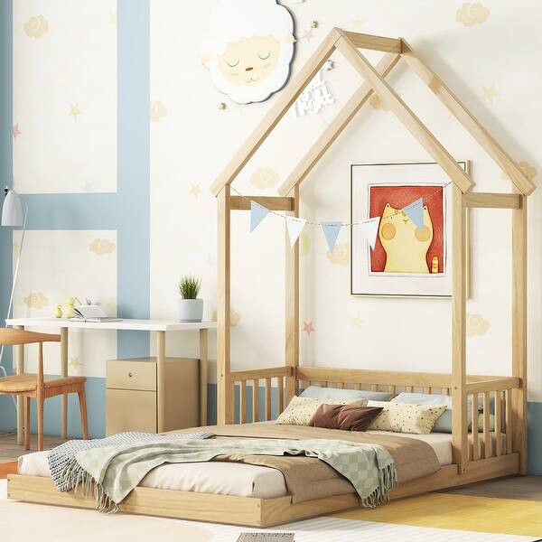 slide 2 of 9, Natural Full Floor House Bed wRoof Framed Headboard and Guardrails Natural - Full