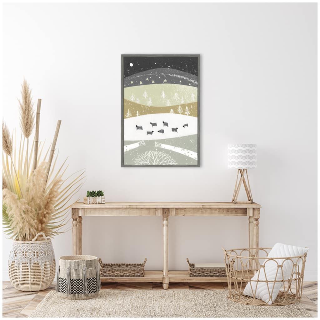 Kate and Laurel Sylvie Folk Dales Snow Linocut Framed Canvas by Giuliana Lazzerini