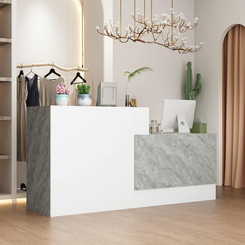 White and Marble Reception Desk with Spacious Work Surface and Shelving
