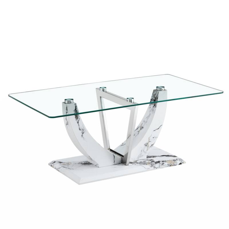 glass coffee table with marble patterned MDF legs and stainless steel decorative columns
