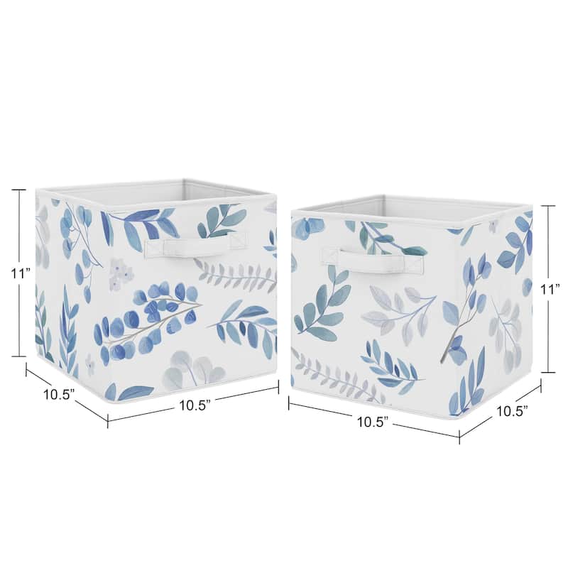 Floral Leaf Collection Foldable Fabric Storage Bins - Blue Grey White Boho Watercolor Botanical Flower Woodland Tropical Garden
