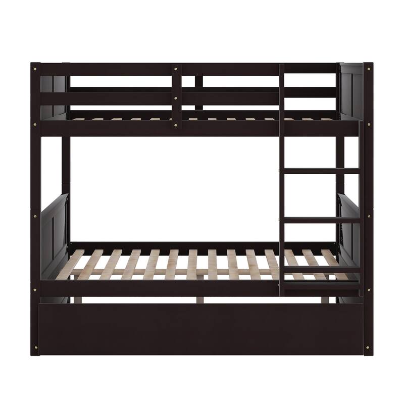 Full Over Full Bunk Bed with Twin Trundle, Espresso Finish, Convertible Design