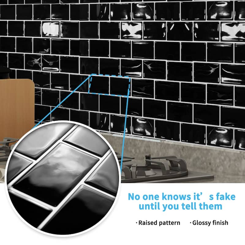 Art3d 12" x 6" 20-Pack Kitchen Backsplash Tile Peel and Stick, Vinyl Stick On Subway Tiles,Black - N/A