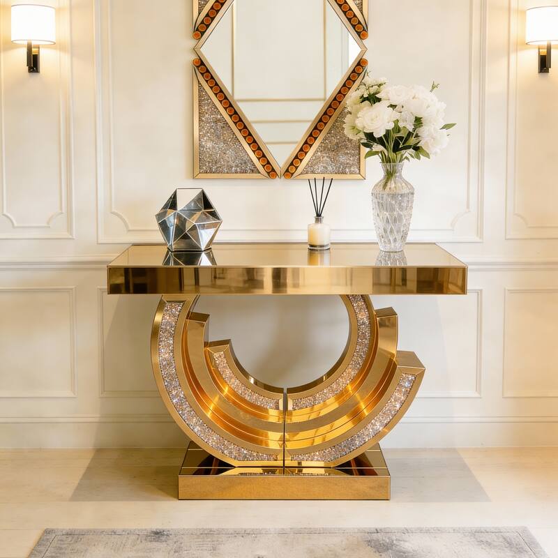 New Design Crushed Diamond Mirrored Console Table, Entryway Table With Diamond Inlay, Long Accent Table, Glass Sofa Table