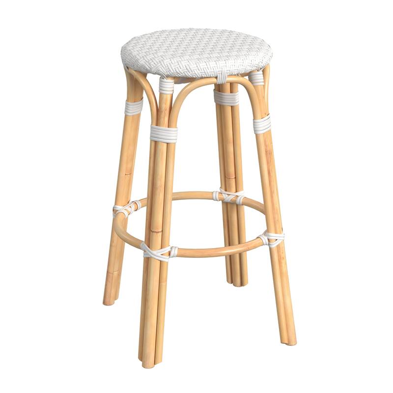 Tobias Rattan Round Bar Stool - Glossy White/ Natural Rattan Frame