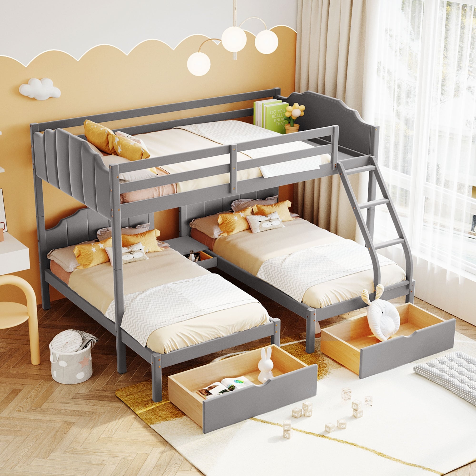 Triple Bunk Bed with Drawers Full Over Twin Twin Velvet Bunkbed