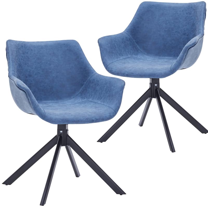 Markley Leather Swivel Dining Armchair with Black Iron Base - Accent Dining Chair for Kitchen and Dining Room Set of 2 - Light Blue
