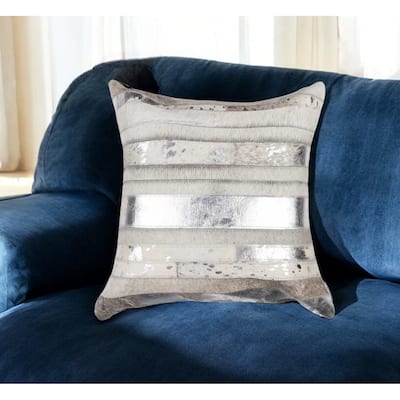 18" Gray and Silver Striped Cowhide Throw Pillow