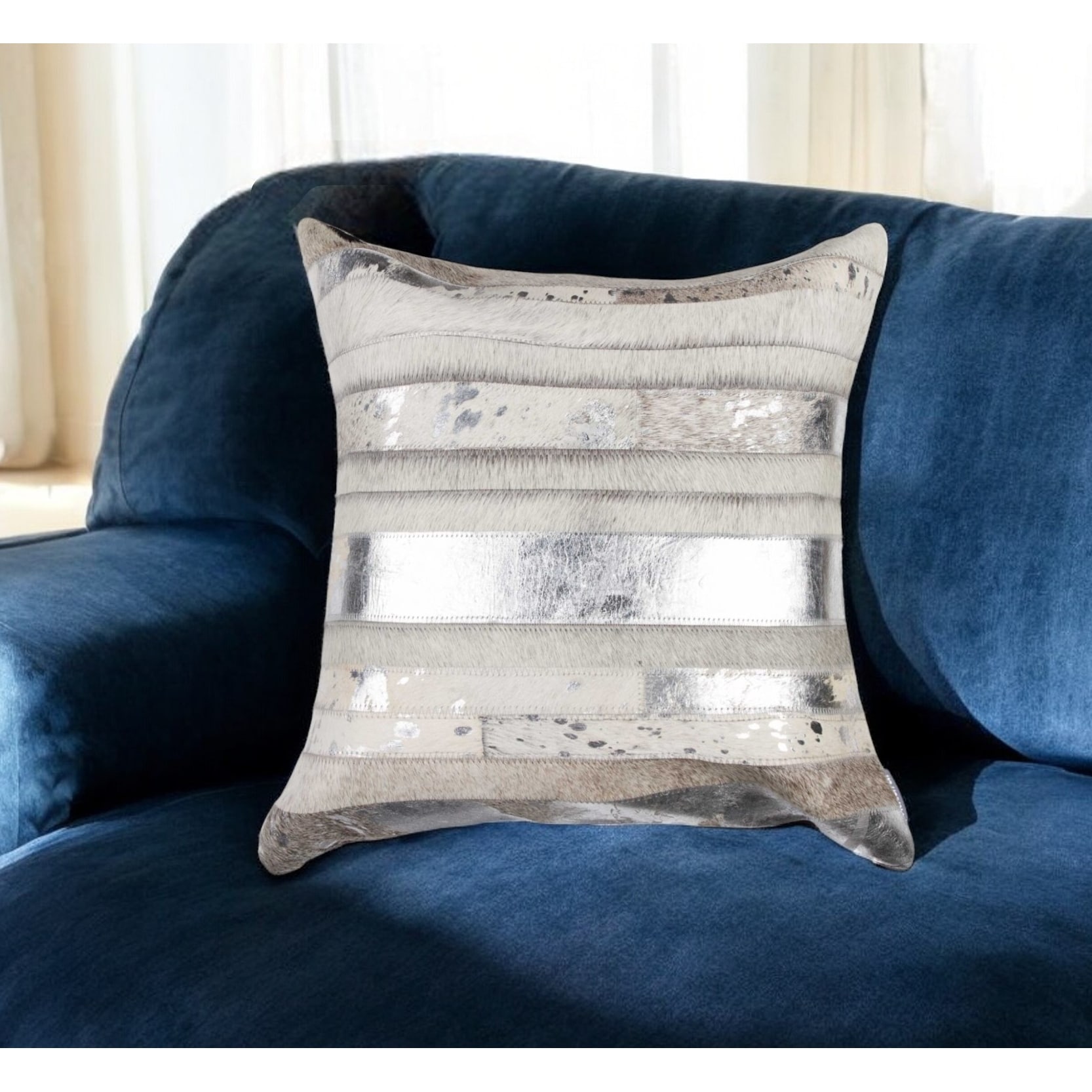 18" Gray and Silver Striped Cowhide Throw Pillow