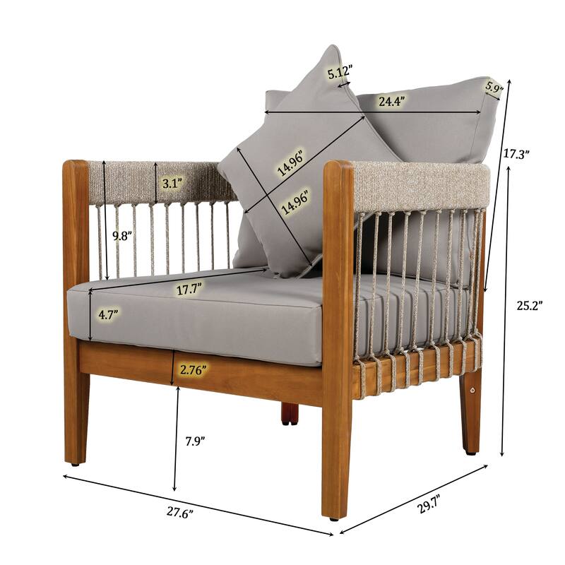 Outdoor Lounge Chair with Cushions, Acacia Wood Frame & Handwoven Rope, All-Weather Tub Chair with for Patio, Deck, or Garden