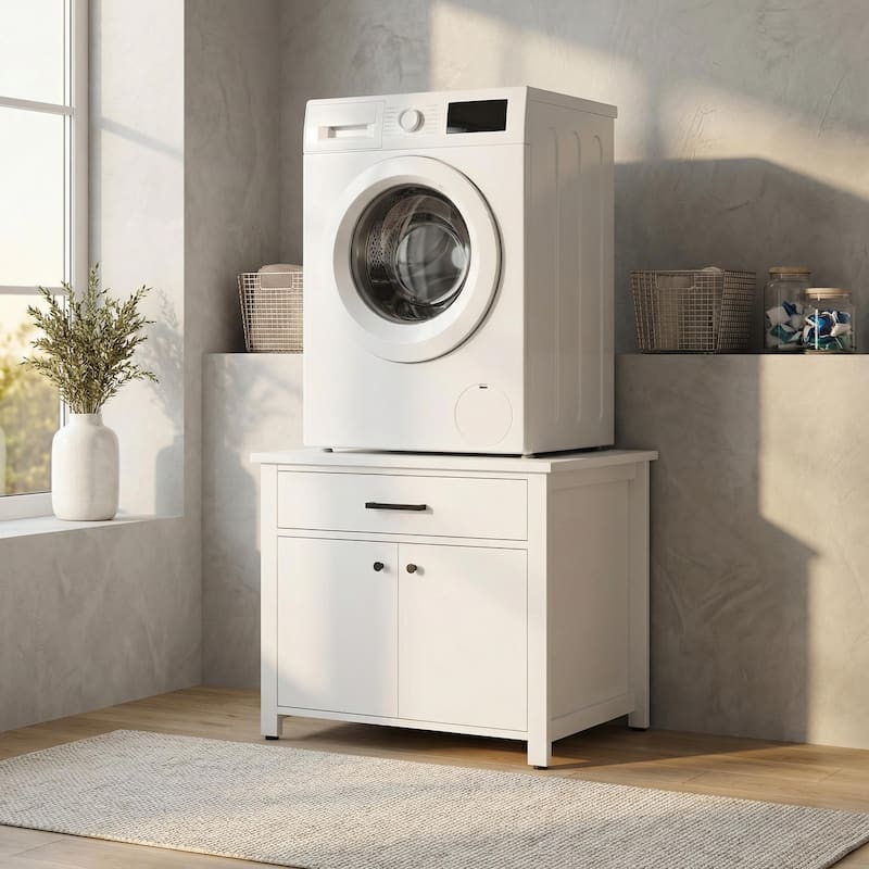 Laundry Cabinet with Drawer and Double Doors, Heavy Duty Washer Stand Storage Cabinet Utility Storage Cabinet