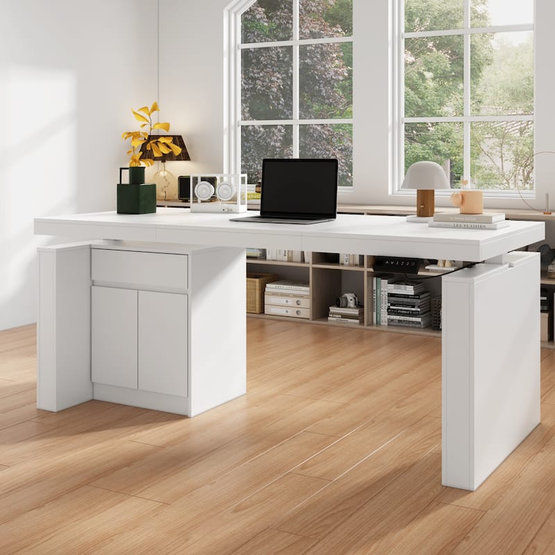 Ergonomic Sit-Stand Desk Pure White Elegance with Side Cabinet Table