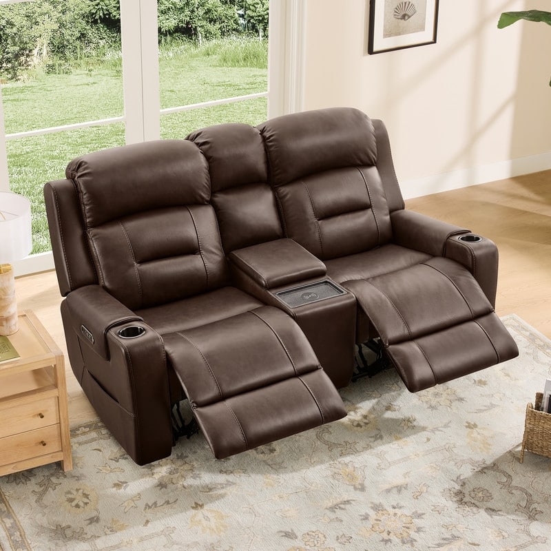 Spruce & Spring Genuine Leather Power Reclining Sofa with Wireless Charging