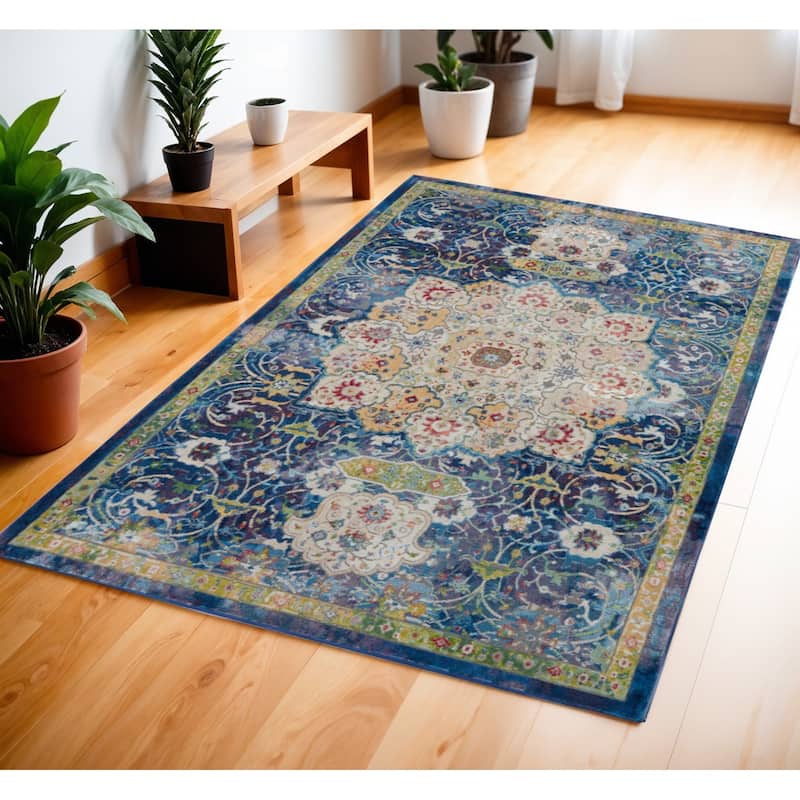 Hizef Power Loomed Distressed Floral Traditional Non Skid Area Rug By HomeRoots - 72' X '48' X '0.5 - 72' X '48' X '0.5 - Oxford Blue - Rectangle