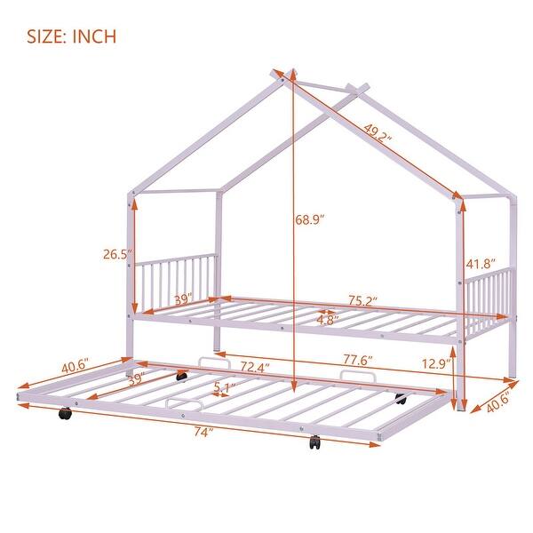 dimension image slide 5 of 6, Twin/Full Size Metal House Bed with Twin Size Trundle, Playhouse Bed Montessori Bed House Platform Bed with Roof Frame for Kids
