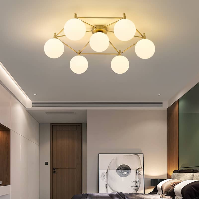 7 - Light Modern Sputnik Flush Mount Light, Black Metal, White Frosted Glass Globes