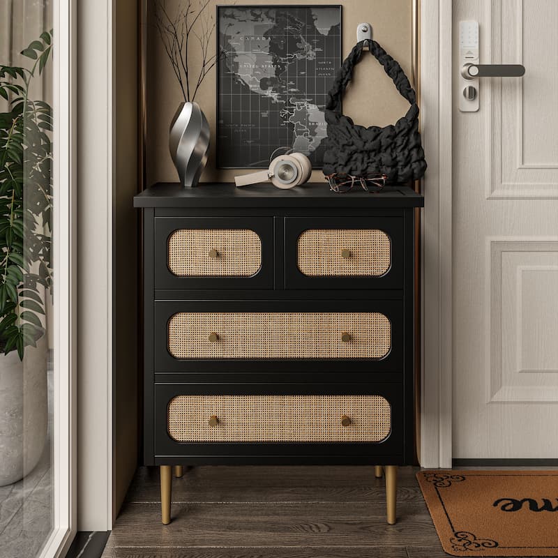 COZAYH Farmhouse Wicker Rattan Nightstand, Boho Mid-Century Coastal Wooden Bedside Table, Wooden Storage Cabinet