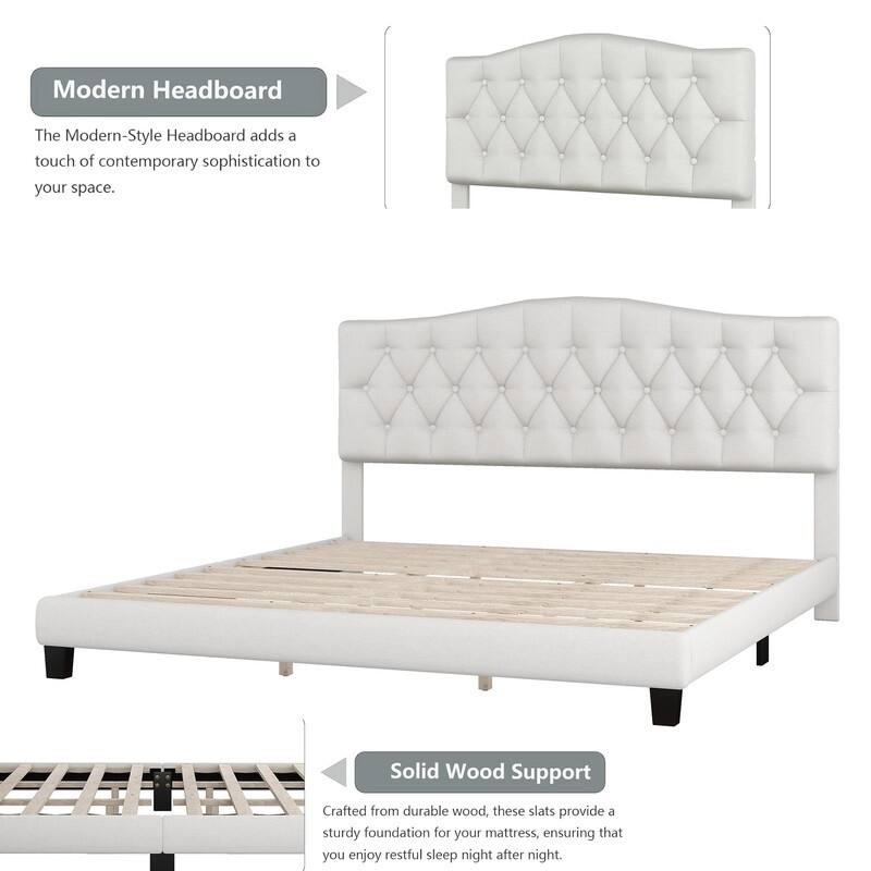 3-Pieces Bedroom Sets,Upholstered Platform Bed with Saddle Curved Headboard and Diamond Tufted Details,and 2 Nightstand