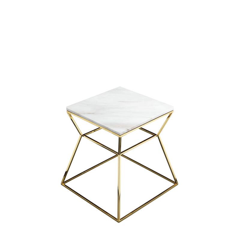 Lio 18 Inch Side End Table, White Marble Top, Gold Open Hourglass Frame