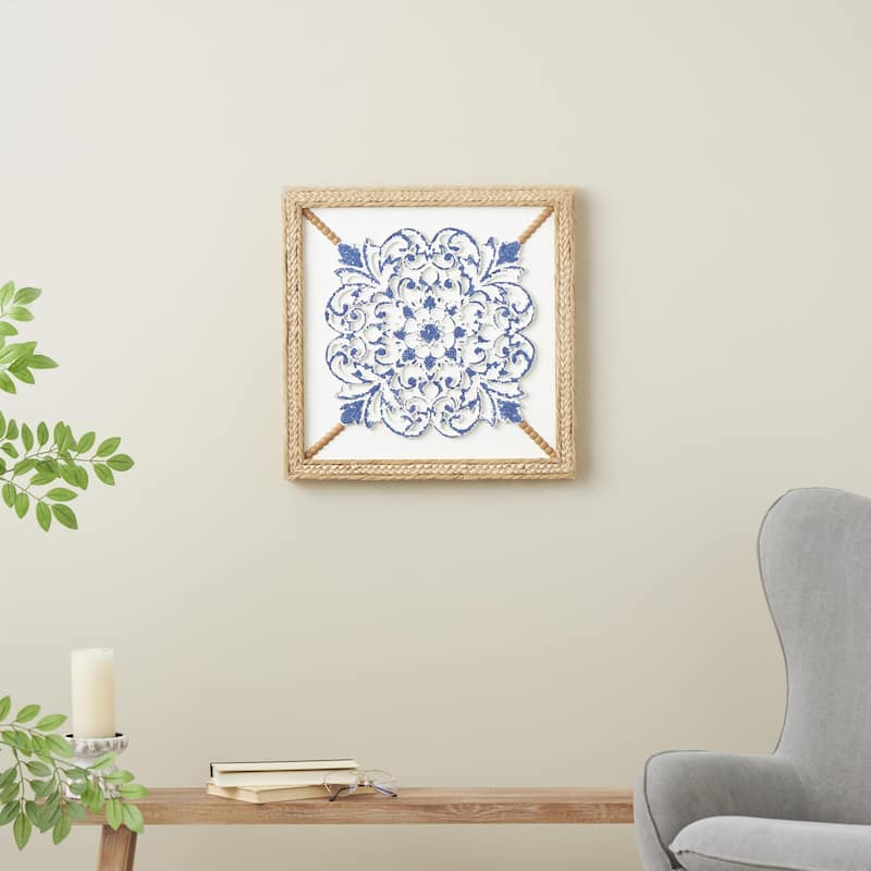 Wood Floral Relief Home Wall Decor with Brown Woven Seagrass Frame and White Backing - Blue - Roche River Decor