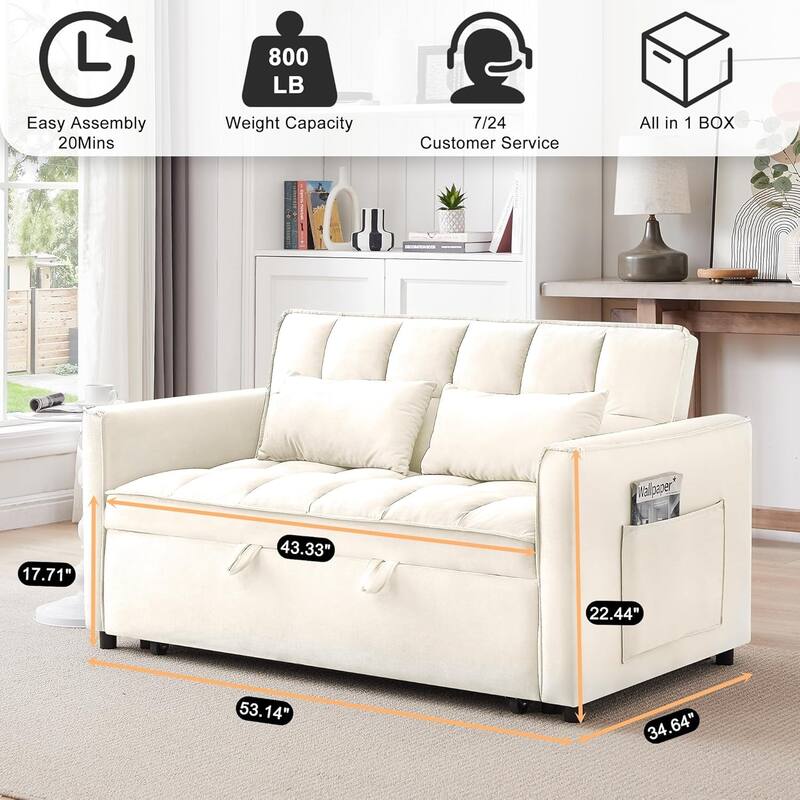 3 in 1 Convertible Sleeper Sofa Bed, Futon Couches for Living Room with Side Pocket, Adjustable Backrest