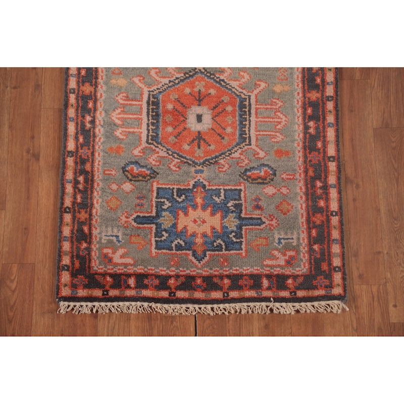 Geometric Kazak Runner Rug Handmade Grey Wool Carpet - 2'6"x 9'10"