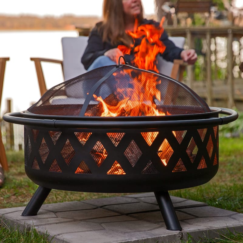 36" Fire Pit Steel with Black Finish Crossweave with Spark Screen