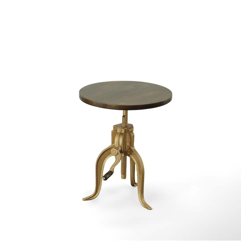 Brass Iron Base Adjustable Height End Table with Solid Wood Round Top - 18” x 18” x 19” (D x W x H) - Brass