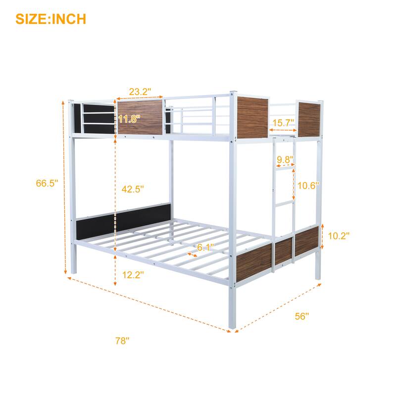 Full-over-full bunk bed modern style steel frame bunk bed with safety rail, built-in ladder for bedroom,dorm,adults