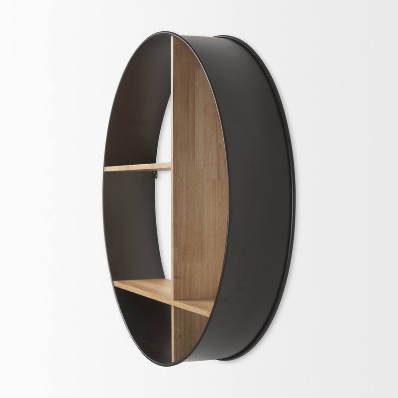 Hector Brown Wood With Black Metal Round Wall Shelving Unit