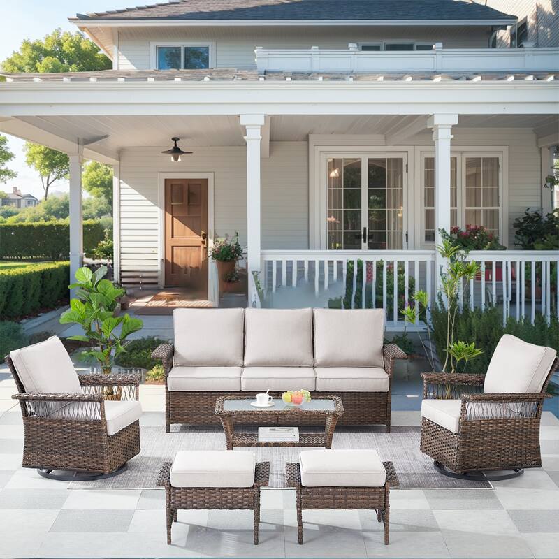 Outdoor Patio Brown Sofa, Swivel Chair, Ottomans Table - Brown - Beige