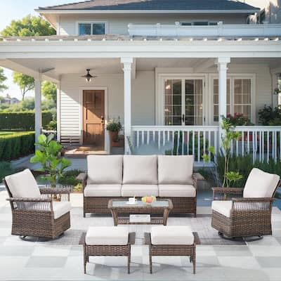Patio Sofa Swivel Rocker Chairs, Ottoman and Table - Brown