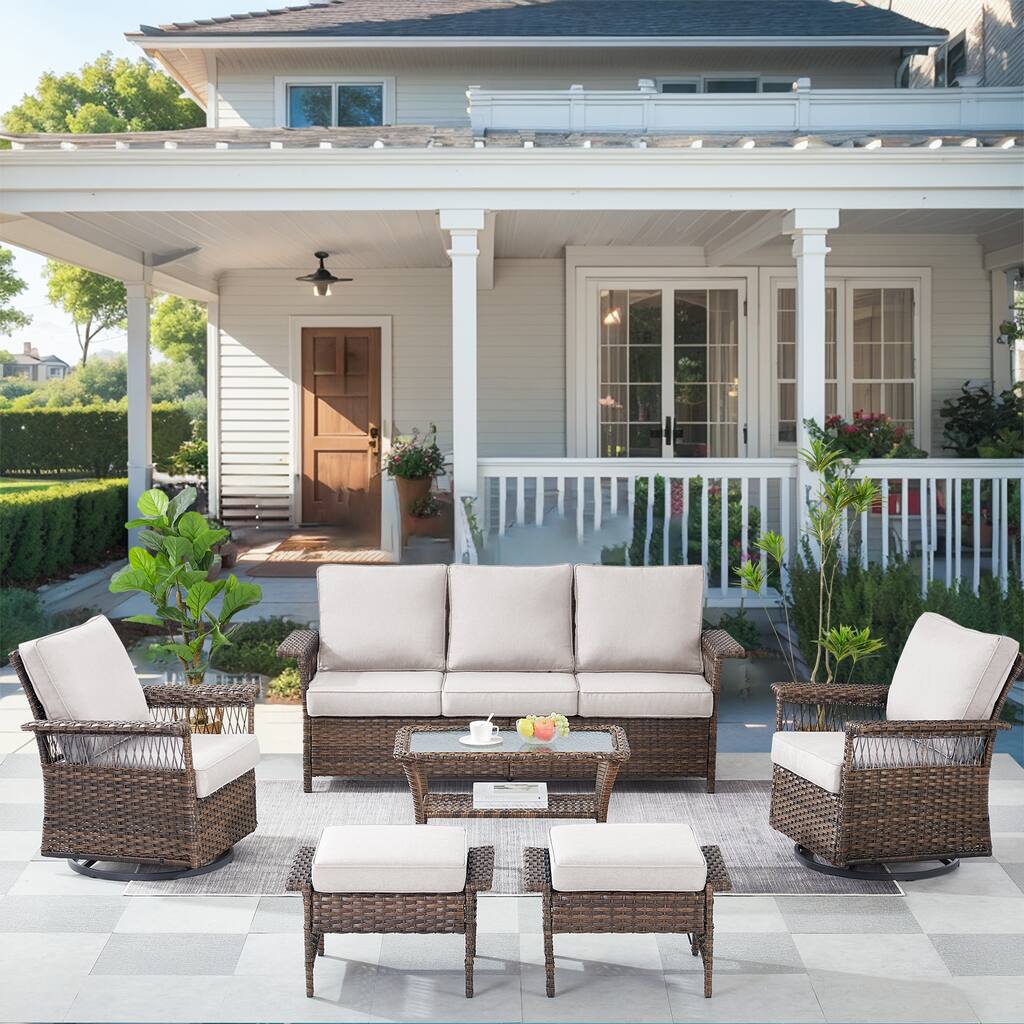 Patio Sofa Swivel Rocker Chairs, Ottoman and Table - Brown