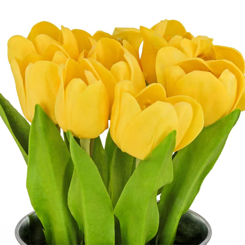 National Tree Company 9 in. Yellow Tulip Bouquet in Metal Pot