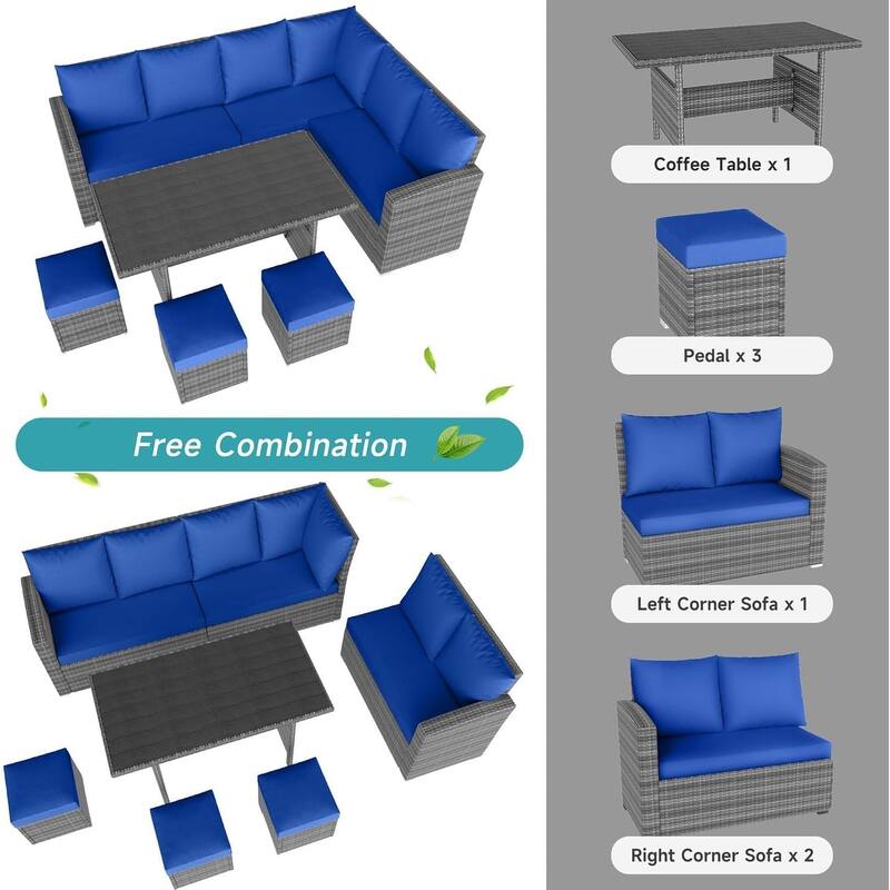 7 Piece Outdoor Sectional Sofa with Dining Table, All-Weather Wicker Patio Conversation Set