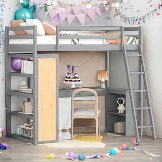 Twin Size Loft Bed with Ladder, Shelves and Desk, Space-saving, Grey