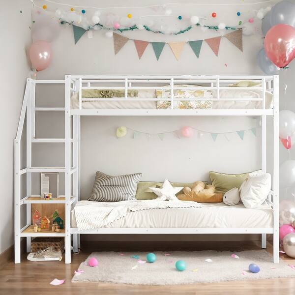 slide 2 of 26, Twin Over Twin Metal Bunk Bed with Lateral Storage Ladder and Wardrobe,Space Saving Bunk Beds With Stairs,White White