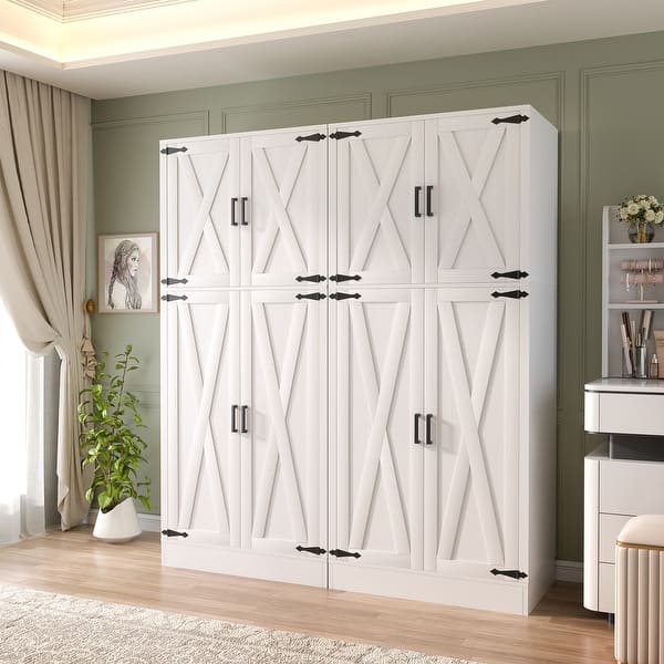 slide 2 of 24, Rackcog Wooden Wardrobe with Barn Doors, Farmhouse Closet Storage Cabinet with Hanging Rod White-63''
