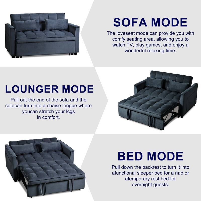3 in 1 Convertible Sleeper Sofa Bed Pull Out Couch Adjustable Backrest Velvet Loveseat Futon Sofa with Pillows