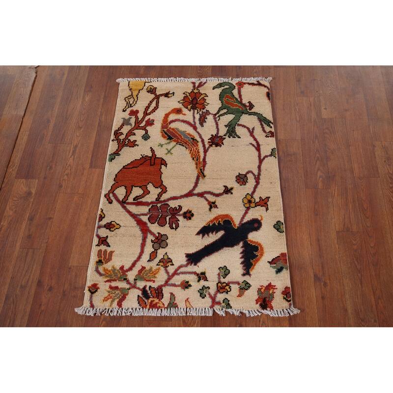 Animals Design Ziegler Oriental Accent Rug Hand-Knotted Wool Carpet - 2'0" x 2'10"