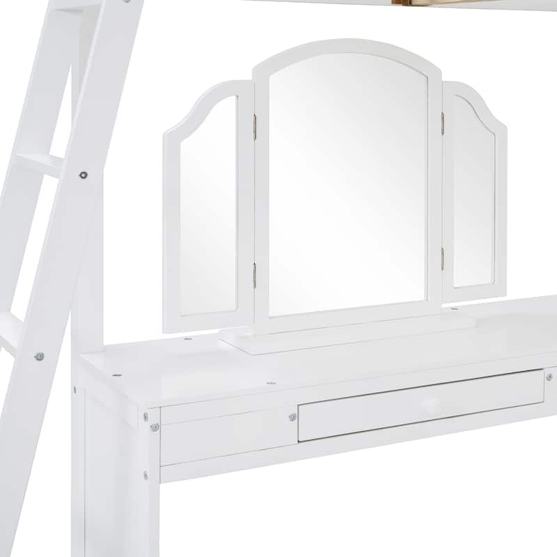 Full Loft Bed with U-Shaped Desk and Built-in Tri-Fold Mirror & Storage, 600lb Capacity