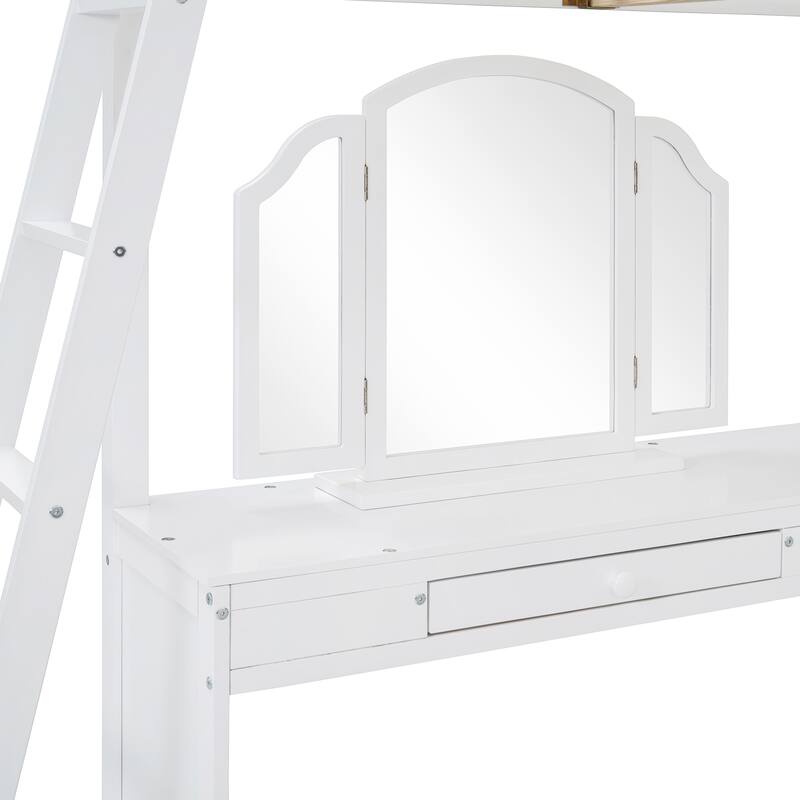 White Full Wooden Loft Bed with U-shaped Desk and Storage Compartments