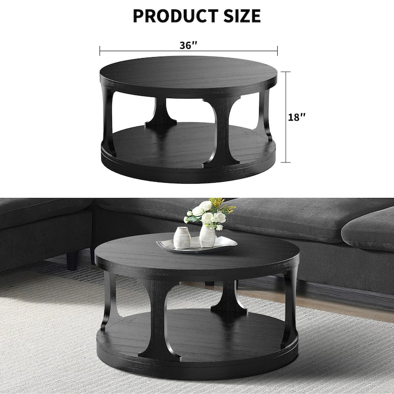 36" Modern Antique Black Solid Wood 2-Tier Round Coffee Table