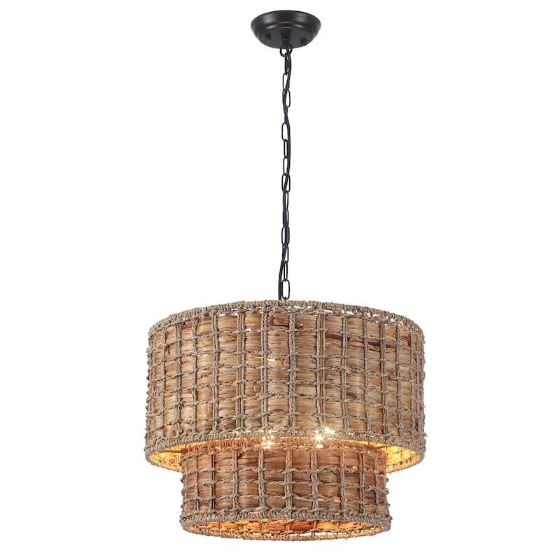 5-Light Farmhouse 2-Tier Candlestick Hanging Linear Chandelier Lighting with Rattan Cover for Dining Room Kitchen Island