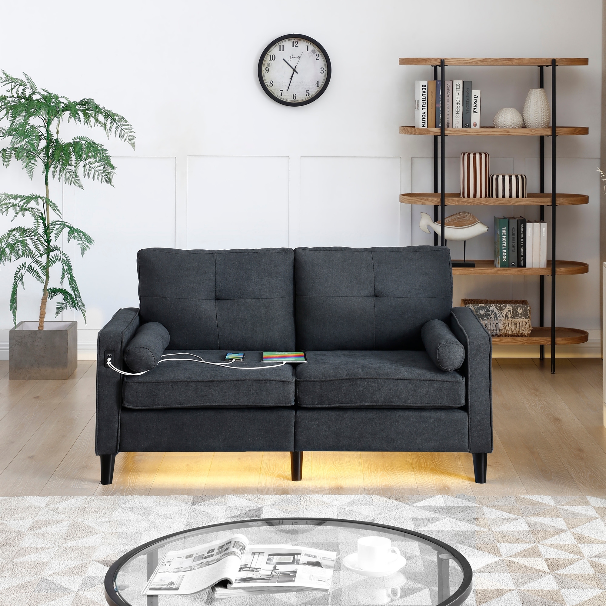 Loveseat Couch Lounge Sofa with 2 Side Pockets and 2 USB Ports Linen Fabric Recliner Sofa 2-Seat for Living Room,Black