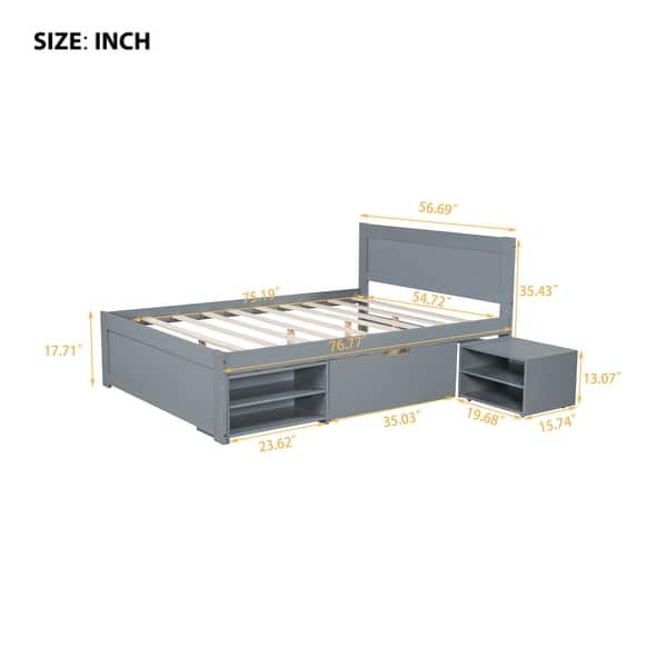 dimension image slide 1 of 2, Full Size Platform Bed With Drawer And Two Shelves, Easy to Assemble, No Box Spring Required