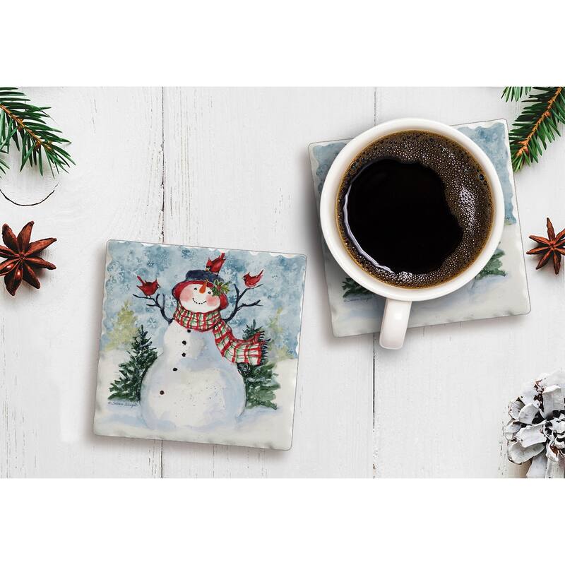 Counterart Absorbent Stone Coasters - Snowman & Cardinals - Set of 4 - 4x4x1.575