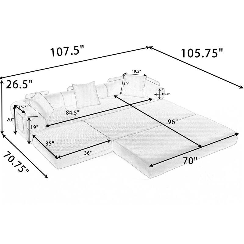 Versatile 7-in-1 Modular Folding Sectional Sofa with Chaise Convertible Corduroy Sleeper Sofa Bed with Removable Storage Bags